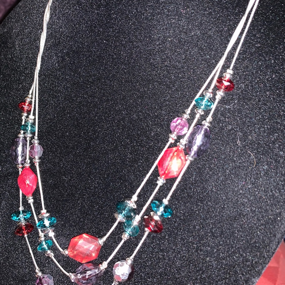 New KIM ROGER 3-CHAIN BEAD NECKLACE RED PRPL TEAL